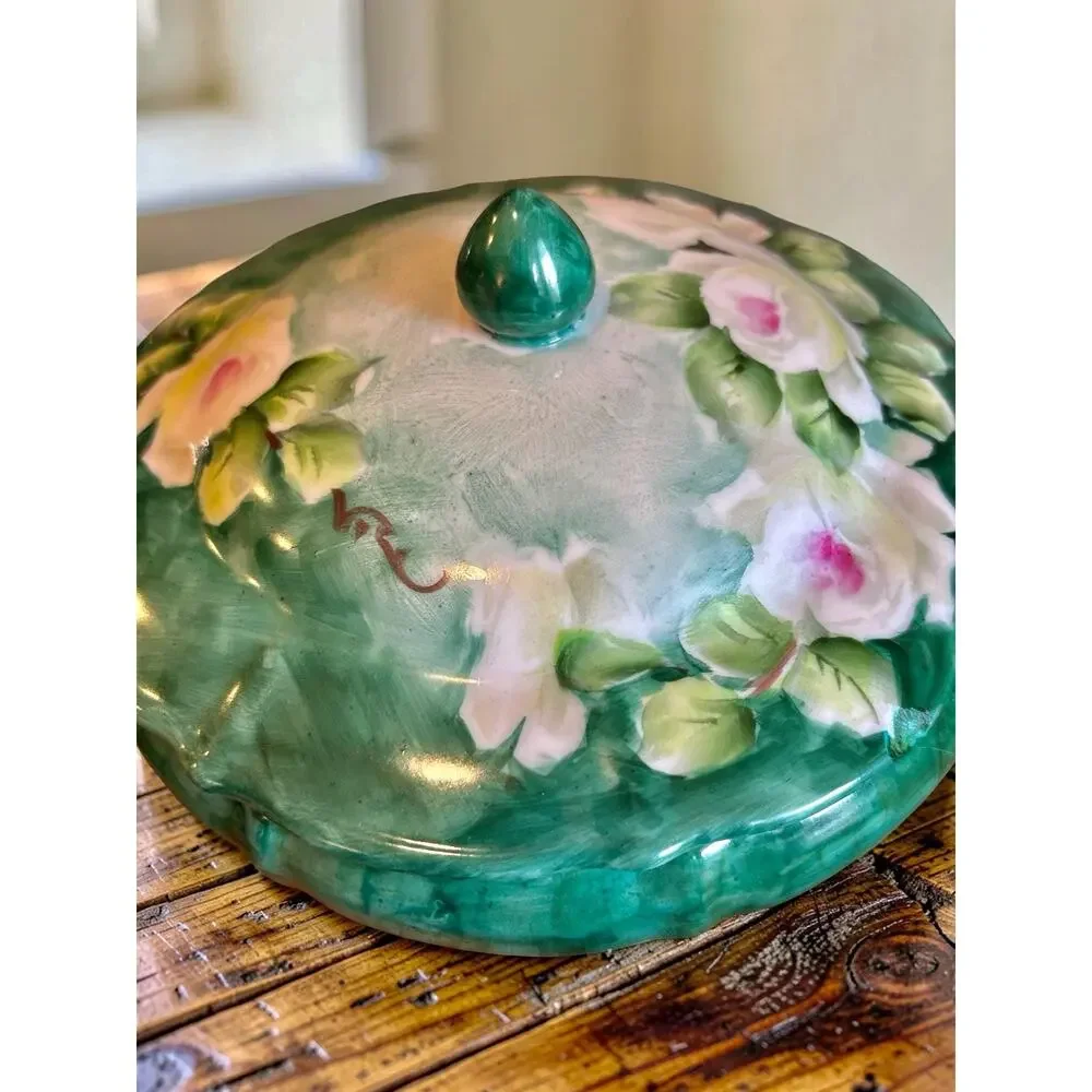 Vintage Hand Painted Porcelain Trinket Box | Green Floral Jewelry Box